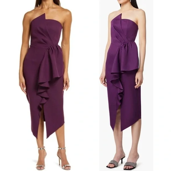 Elliatt Reception Cascade Ruffle Strapless Structured Cocktail Midi Dress Small - Picture 9 of 16